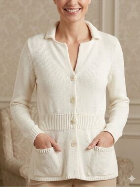 Vintage Lauren Ralph Lauren Cream Button-Front Collared Cardigan